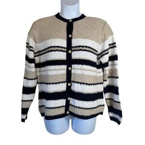 VTG Christopher & Banks Striped Cardigan Sweater XL Chunky Knit Coastal Academia